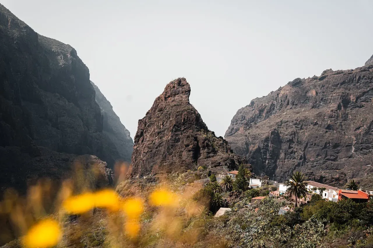 Mountain landscape with a big rock palmtrees and small houses on a hill | Picture by Phil S: https://www.pexels.com/de-de/foto/landschaft-berge-wahrzeichen-wald-16170192/