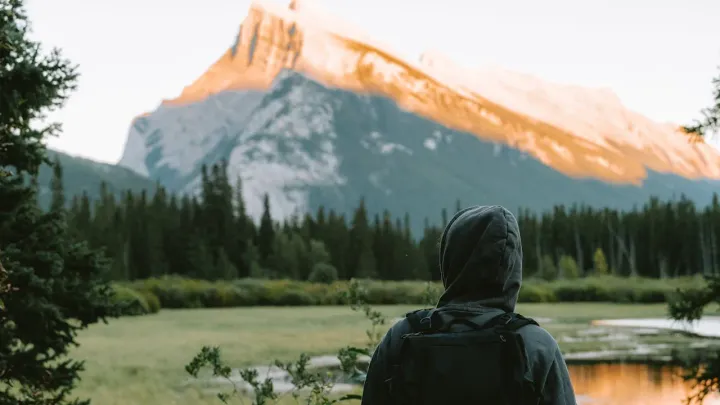 A hiker looking to a mountain in golden hour light with a lush forrest around | Picture by Line Knipst